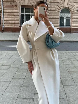 Sonbahar Fener Kollu Kadın Yün Ceket Yaka Kruvaze Ofis Bayan Uzun Ceket Rüzgarlık Kalın Streetwear Kadın Mont