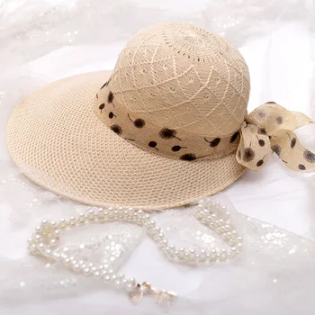 Kadın Yaz Büyük Geniş Ağızlı Hasır Şapka Kadın UV Koruma At Kuyruğu Plaj güneş şapkaları Içi Boş Üst Katlanabilir Şerit Yaylar Bayanlar Panama Kap