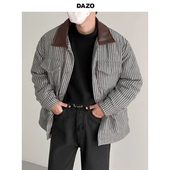 ZCSMLL Splice PU Deri Yaka Çizgili pamuklu ceket Erkekler için Kış, Kalınlaşmış Tasarım, Kış Renk Kontrast pamuklu ceket