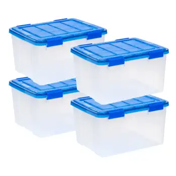 Mavi Kapaklı 4 adet WeatherPro™ Contalı Şeffaf Plastik Saklama Kutusu Seti - 44 Litre: Güvenli ve Hava Koşullarına Dayanıklı Organizasyon