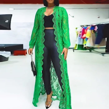 Zarif Rahat Örgü Jakarlı Dış Giyim Hırka Kadın Düz Renk Dantel Uzun Kollu Üstleri Yeni Moda Hollow Out Tatil Uzun Mont