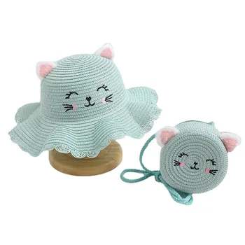 Sevimli Kedi Yaz Bebek Şapka Kız Çanta hasır şapka Seti Çocuklar Bebek Prenses Parti Tatil Plaj güneş şapkaları Panama Gorros