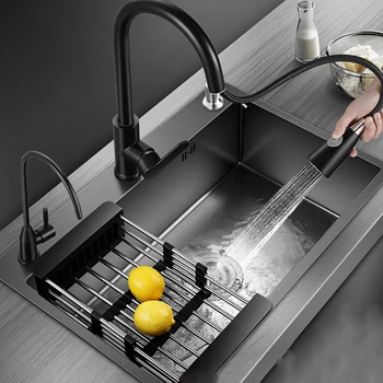 304 paslanmaz çelik mutfak lavabosu Siyah Nano Mutfak Lavabo Kalınlaşmak El Yapımı Sebze Havzası Musluk Drenaj Aksesuarları
