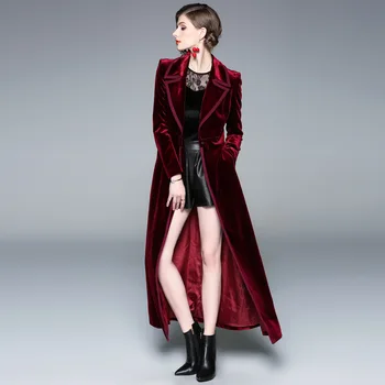 Kadın Kadife Uzun Trençkot Sonbahar Kış Kadın Vintage Ayak Bileği Uzunluğu Rüzgarlık Siyah Bordo Lacivert Kadife Palto