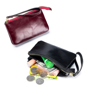 Iş Mini bozuk para cüzdanı Yağ Balmumu Deri Fermuar Kart Cüzdan Kadınlar için Kulaklık Anahtar çanta Ultra İnce Para Değişim Çantası