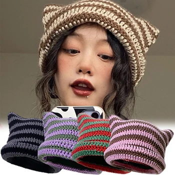 Y2K Örme Kapaklar Harajuku Gotik Kedi Kulak Küçük Şeytan Şapka Tatlı Serin Kız Kawaii Tasarımcı Kış Şapka El Yapımı Bere Kadın